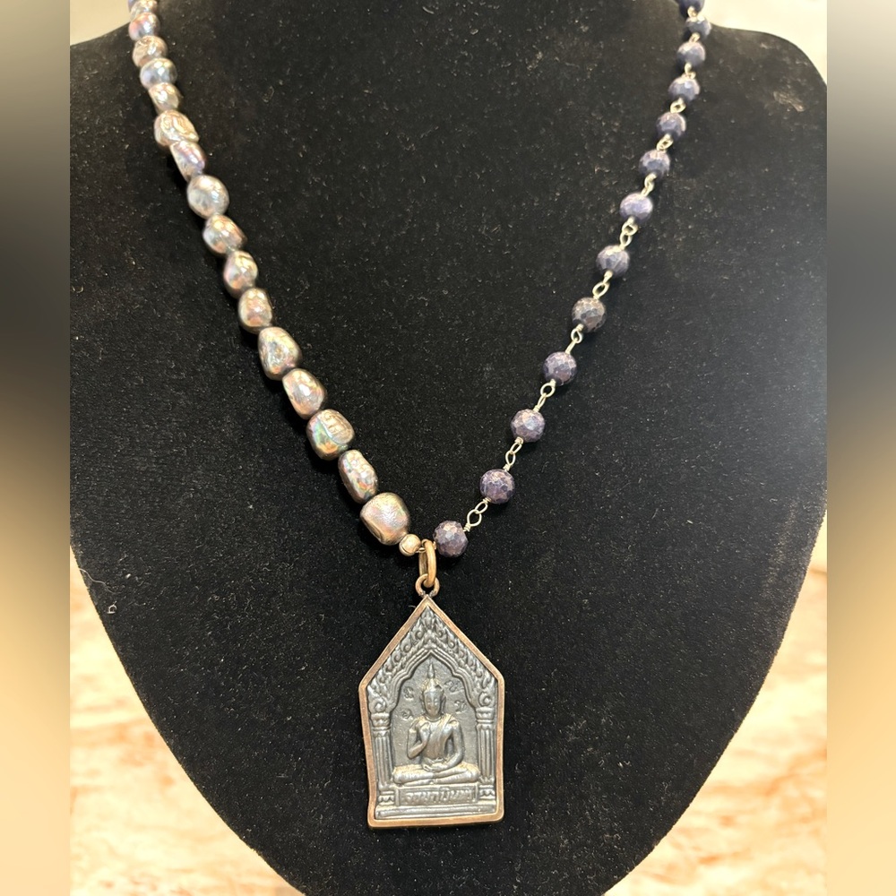 Sapphire Bead and Pearl Necklace with Reversible Buddha/Ganesh Pendant